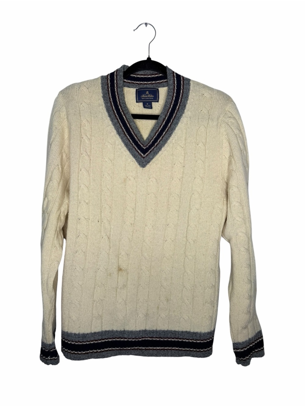 BROOKS BROTHERS / Cream Shetland Wool V-Neck Cable Knit Sweater / M *flaws*